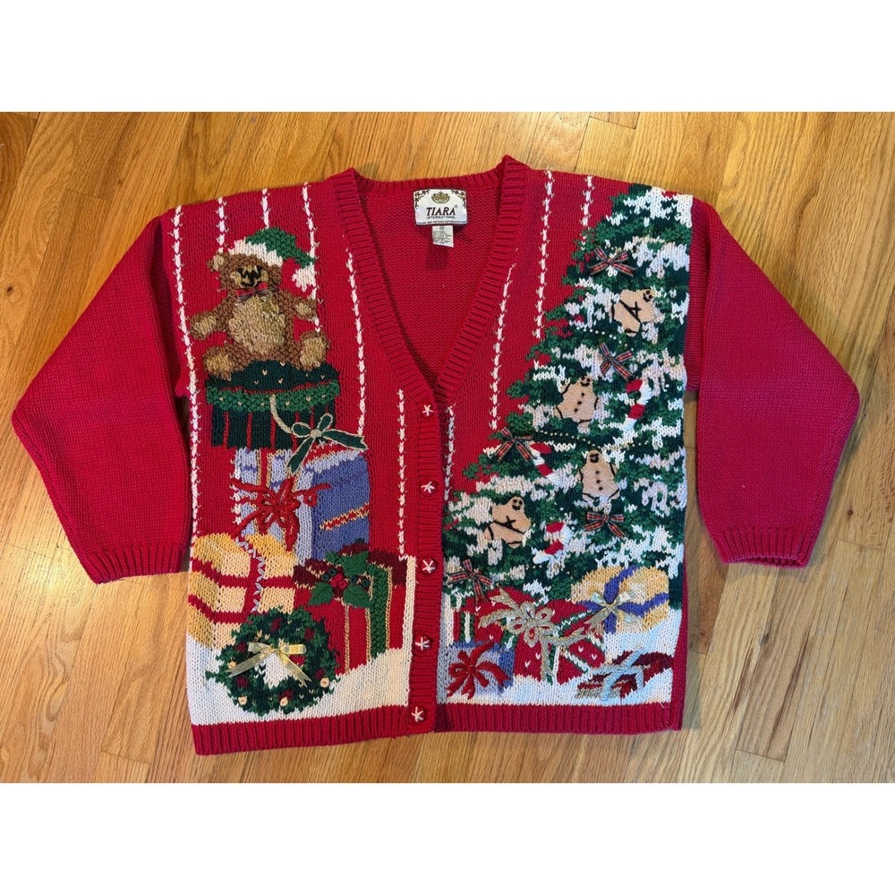 Vintage Tiara International Christmas Cardigan Red Bear Tree Sweater Medium 1997